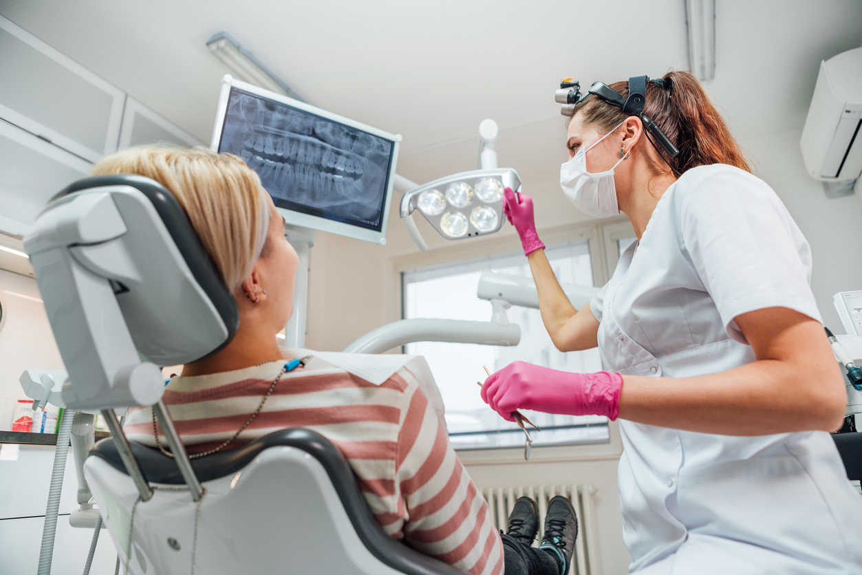 Dentist Doctor Examination Dental X Rays Scan. Dental Clinic Patient Visit Modern Medical Ward. Female Sitting In Comfortable Chair. Health Care, Medicare Industry, Heathcare Technology Concept Image