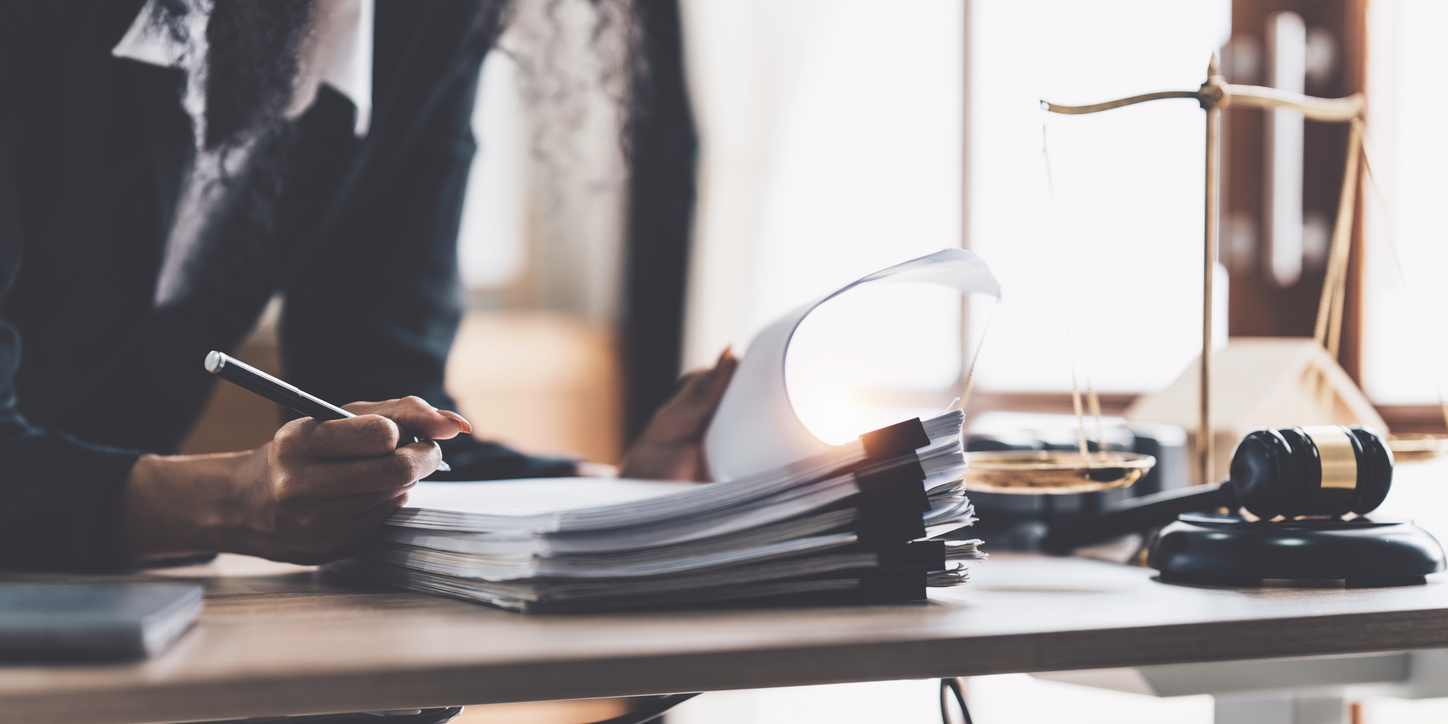 Lawyer Business Woman Working Or Reading Lawbook In Office Workplace For Consultant Lawyer Concept