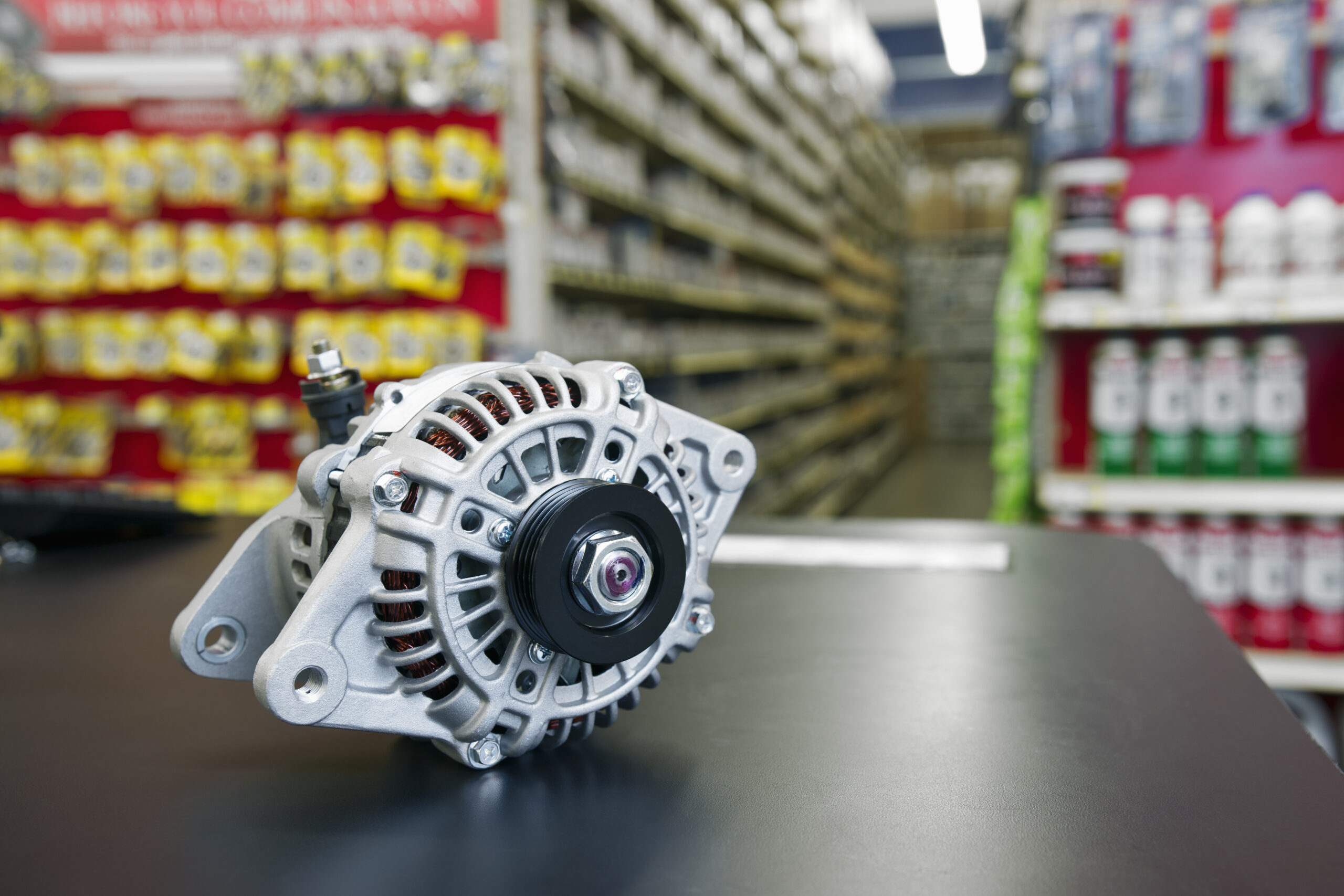 New Automotive Alternator In A Parts Department.